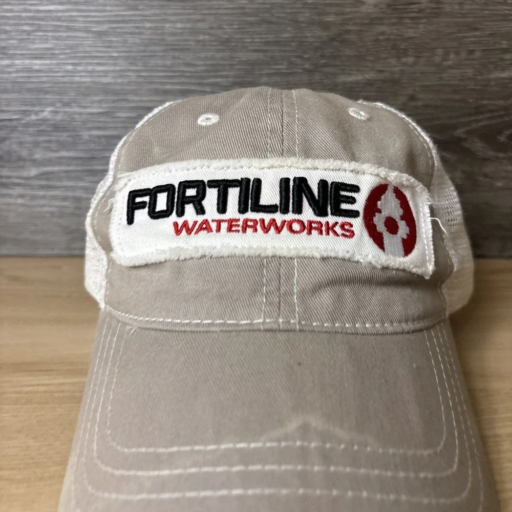 Fortiline Waterworks Hat Cap Strap Back Tan White Mesh Trucker Patch Mens Logo